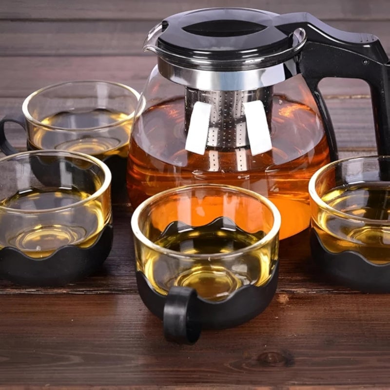 Tea Server - Classic glass tea server with four cups, sturdy plastic handle, stainless steel internal infuser and filtration for hibiscus, mint, tulsi and other herbs.